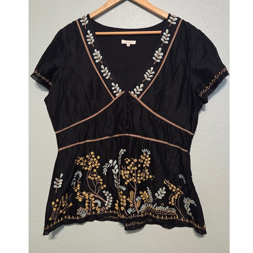 Sundance Black Embroidered Cotton Silk Blouse Sz 16 Boho Folk Peplum Top